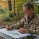 A consulting forester sits at a field desk outdoors at the edge of a northeastern hardwood forest, reviewing a hand-drawn stand map on paper. Reading glasses, worn field clothing, a pen in hand. Mixed hardwood canopy behind him, autumn light. Catskill Mountains, New York. Photorealistic, wide shot, warm documentary style. No phone or laptop — this is handwritten, paper-based professional work.