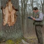 A licensed consulting forester in worn field pants and a canvas vest writes notes on a clipboard while standing beside a large red oak with visible crown dieback in a northeastern hardwood forest. Morning light. Catskill Mountains, New York. Photorealistic, wide shot, documentary style, overcast natural light, forest understory visible with invasive shrubs.
