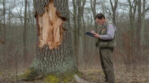 A licensed consulting forester in worn field pants and a canvas vest writes notes on a clipboard while standing beside a large red oak with visible crown dieback in a northeastern hardwood forest. Morning light. Catskill Mountains, New York. Photorealistic, wide shot, documentary style, overcast natural light, forest understory visible with invasive shrubs.