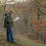 A private landowner in work boots and a field jacket reviews a printed checklist while standing at the edge of a mature hardwood woodlot in the Catskill Mountains, New York. Morning light. Mixed oak and maple canopy. The mood is purposeful — someone preparing to take action. Photorealistic, wide shot, documentary style, autumn."