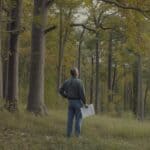 A private landowner stands at the boundary of a large mature hardwood forest in the Catskill Mountains, holding a property tax bill in one hand and looking into his woodlot. Morning light. Autumn foliage, oaks and maples. The mood is thoughtful — someone who's just learned something important about their land. Sullivan County, New York. Photorealistic, wide shot, warm documentary style.