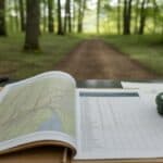 Close-up view of an open forest management plan document on a field desk — hand-annotated stand maps, species tally sheets, and a cruiser's prism beside a compass. A mature hardwood forest visible in the soft background through the trees. Catskill Mountains, New York. Photorealistic, editorial documentary style, warm natural light, paper textures sharp.