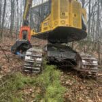 Forestry excavator used for land clearing and forest management tasks.
