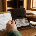 A close-up of a forester's hands holding an open leather credential wallet showing a New York State professional forester license card. A forest management plan document and a signed certification page visible on a wooden desk behind. Warm natural window light, professional setting. Editorial photography style, earth tones, no filters. The license is the focal point — clear but not showing any specific name or number.
