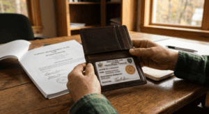 A close-up of a forester's hands holding an open leather credential wallet showing a New York State professional forester license card. A forest management plan document and a signed certification page visible on a wooden desk behind. Warm natural window light, professional setting. Editorial photography style, earth tones, no filters. The license is the focal point — clear but not showing any specific name or number.