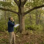 A consulting forester standing in a mature mixed hardwood forest in Sullivan County New York, looking at a white oak with a wide, open crown surrounded by a recently cleared understory — a crop tree release treatment. The forester holds a clipboard with a management plan. In the background, a deer trail is faintly visible through the trees. Morning light, warm earth tones, no filters. Documentary photography style. The mood is purposeful — someone seeing a management decision working as intended.