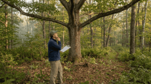 A consulting forester standing in a mature mixed hardwood forest in Sullivan County New York, looking at a white oak with a wide, open crown surrounded by a recently cleared understory — a crop tree release treatment. The forester holds a clipboard with a management plan. In the background, a deer trail is faintly visible through the trees. Morning light, warm earth tones, no filters. Documentary photography style. The mood is purposeful — someone seeing a management decision working as intended.