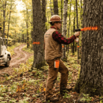 A consulting forester in field clothes using a marking gun to paint an orange blaze on a large black cherry tree in a mature Sullivan County New York woodland. Other marked trees visible in the background. A logging truck partially visible on a nearby skid trail. Morning light, warm earth tones, documentary photography style, no filters. The mood is deliberate and professional — a forester defining what gets cut and what stays.