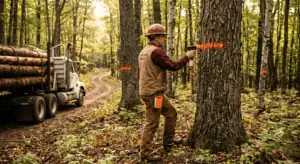 A consulting forester in field clothes using a marking gun to paint an orange blaze on a large black cherry tree in a mature Sullivan County New York woodland. Other marked trees visible in the background. A logging truck partially visible on a nearby skid trail. Morning light, warm earth tones, documentary photography style, no filters. The mood is deliberate and professional — a forester defining what gets cut and what stays.