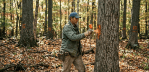 A licensed forester in worn field clothes marking a large oak tree with orange paint in a mixed hardwood forest. Autumn light filtering through the canopy. Other trees visible in background, some marked, some not. Hudson Valley New York forest floor with leaf litter. Documentary photography style, natural light, no filters.