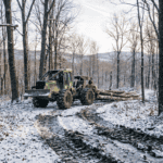 A logging skidder working through a mature Sullivan County New York hardwood forest in winter conditions — light snow on the ground, frozen soil, clear tracks from the equipment visible in the frozen earth. Mature oak and cherry trees in the background. Morning light, muted winter forest tones, documentary photography style, no filters. The mood is purposeful and efficient — a harvest happening at exactly the right time of year.