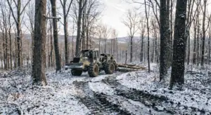 A logging skidder working through a mature Sullivan County New York hardwood forest in winter conditions — light snow on the ground, frozen soil, clear tracks from the equipment visible in the frozen earth. Mature oak and cherry trees in the background. Morning light, muted winter forest tones, documentary photography style, no filters. The mood is purposeful and efficient — a harvest happening at exactly the right time of year.