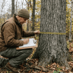 A licensed forester in field clothes kneeling beside a large hardwood tree, holding a diameter tape around the trunk and recording measurements on a clipboard tally sheet. Mixed hardwood forest, overcast natural light, Hudson Valley New York setting. Documentary photography style, no filters, earth tones. The forester's face is partially visible, focused on his work.