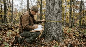 A licensed forester in field clothes kneeling beside a large hardwood tree, holding a diameter tape around the trunk and recording measurements on a clipboard tally sheet. Mixed hardwood forest, overcast natural light, Hudson Valley New York setting. Documentary photography style, no filters, earth tones. The forester's face is partially visible, focused on his work.