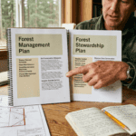 Two documents side by side on a wooden desk — one labeled "Forest Management Plan" and one labeled "Forest Stewardship Plan" — with a forester's hand pointing to where they overlap. A property map and field notebook visible nearby. Warm natural window light, rural office setting. Editorial documentary photography style, earth tones, no filters. The mood is clarifying and practical — someone resolving a common confusion.