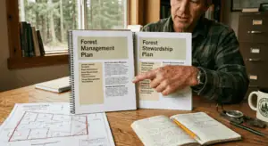 Two documents side by side on a wooden desk — one labeled "Forest Management Plan" and one labeled "Forest Stewardship Plan" — with a forester's hand pointing to where they overlap. A property map and field notebook visible nearby. Warm natural window light, rural office setting. Editorial documentary photography style, earth tones, no filters. The mood is clarifying and practical — someone resolving a common confusion.