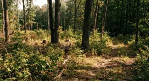 A thinned woodland stand in Sullivan County New York — recently cut stumps visible among retained mature oaks and cherry trees. Dense raspberry and young regenerating stems already establishing in the light-filled opening. A white-tailed deer trail clearly visible entering the thinned area from the adjacent mature forest. Morning light filtering through the expanded canopy gaps. Documentary photography style, warm earth tones, no filters. The mood is purposeful abundance — a place that feels alive and used.