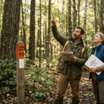 A consulting forester and a private landowner standing together at a marked stand boundary in a mature mixed hardwood forest in Sullivan County New York. The forester points toward the canopy while the landowner listens and holds a copy of the forest management plan document. Warm morning forest light, both figures engaged and professional — not posed. Documentary photography style, earth tones, no filters. The mood is collaborative and purposeful — a ten-year professional relationship beginning.