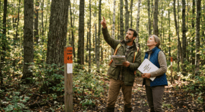 A consulting forester and a private landowner standing together at a marked stand boundary in a mature mixed hardwood forest in Sullivan County New York. The forester points toward the canopy while the landowner listens and holds a copy of the forest management plan document. Warm morning forest light, both figures engaged and professional — not posed. Documentary photography style, earth tones, no filters. The mood is collaborative and purposeful — a ten-year professional relationship beginning.