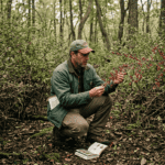 A consulting forester crouching in a dense stand of Japanese barberry in a Sullivan County New York woodland, examining a branch with red berries for identification. The thorny thicket surrounds him on three sides — illustrating the scale of the infestation. No native regeneration visible on the shaded forest floor beneath. Overcast forest light, muted earth tones, documentary photography style, no filters. The mood is purposeful assessment — someone reading a problem before prescribing a solution.