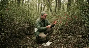 A consulting forester crouching in a dense stand of Japanese barberry in a Sullivan County New York woodland, examining a branch with red berries for identification. The thorny thicket surrounds him on three sides — illustrating the scale of the infestation. No native regeneration visible on the shaded forest floor beneath. Overcast forest light, muted earth tones, documentary photography style, no filters. The mood is purposeful assessment — someone reading a problem before prescribing a solution.