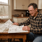A private landowner sitting at a kitchen table in a rural Sullivan County New York home, reviewing two documents side by side: a standard property tax bill showing a large assessed value, and a second tax bill showing a dramatically lower 480-a assessed value on the same property. His expression is focused and satisfied — someone seeing the math for the first time. Warm interior morning light, rural farmhouse setting, no filters. Documentary photography style, earth tones.