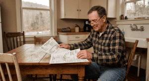A private landowner sitting at a kitchen table in a rural Sullivan County New York home, reviewing two documents side by side: a standard property tax bill showing a large assessed value, and a second tax bill showing a dramatically lower 480-a assessed value on the same property. His expression is focused and satisfied — someone seeing the math for the first time. Warm interior morning light, rural farmhouse setting, no filters. Documentary photography style, earth tones.