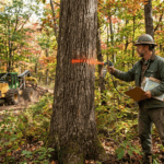 A licensed consulting forester marks a large red oak tree with orange paint in a mature northeastern hardwood stand in Sullivan County, New York. He holds a paint gun in one hand and a clipboard in the other. Behind him, a logging skidder is visible on a skid trail in the background. Morning light through a dense canopy. Photorealistic, wide shot, documentary style, autumn.