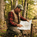 A consulting forester crouching beside a property boundary marker in a mature mixed hardwood forest in Sullivan County New York, reviewing a survey map spread on his knee. The forested land behind him is clearly productive — large straight-boled oaks and maples. A property line is visible in the background. Morning light, warm earth tones, documentary photography style, no filters. The mood is deliberate — someone confirming what qualifies and what doesn't.