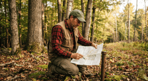 A consulting forester crouching beside a property boundary marker in a mature mixed hardwood forest in Sullivan County New York, reviewing a survey map spread on his knee. The forested land behind him is clearly productive — large straight-boled oaks and maples. A property line is visible in the background. Morning light, warm earth tones, documentary photography style, no filters. The mood is deliberate — someone confirming what qualifies and what doesn't.