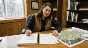 A licensed forester sitting at a wooden desk in a rural office reviewing a forest management plan document and a property invoice side by side. A property map with stand boundaries is spread open nearby. Natural window light, warm interior tones, professional rural setting. Documentary photography style, no filters. The mood is transparent and professional — someone explaining what the work involves and what it costs.