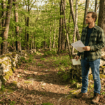 A new landowner in casual outdoor clothes standing at the entrance to a mature mixed hardwood forest on a recently purchased property in Sullivan County New York, holding a property deed in one hand and a small notebook in the other. Morning light, stone wall at the forest edge, slight uncertainty in the posture — someone at the beginning of understanding a new responsibility. Documentary photography style, warm earth tones, no filters. The mood is curious and purposeful, not anxious.