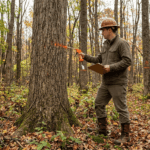 A consulting forester in field clothes standing in a hardwood forest, paint marking a large maple tree with a marking gun. In the background, a second man in different clothing — representing a timber buyer — holds a clipboard and watches. Natural overcast forest light. Hudson Valley New York setting. Documentary photography style. No text overlay.