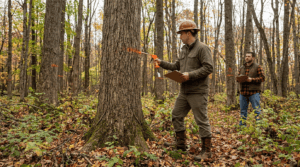 A consulting forester in field clothes standing in a hardwood forest, paint marking a large maple tree with a marking gun. In the background, a second man in different clothing — representing a timber buyer — holds a clipboard and watches. Natural overcast forest light. Hudson Valley New York setting. Documentary photography style. No text overlay.