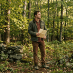 A person in casual clothes standing alone at the entrance to a mature mixed hardwood forest, holding a folded deed or property document and looking into the woods with a thoughtful, uncertain expression. Morning light, stone wall visible at the forest edge, Sullivan County New York rural setting. Documentary photography style, warm earth tones, no filters. The mood is contemplative — someone facing an unfamiliar responsibility for the first time.
