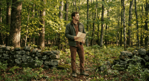 A person in casual clothes standing alone at the entrance to a mature mixed hardwood forest, holding a folded deed or property document and looking into the woods with a thoughtful, uncertain expression. Morning light, stone wall visible at the forest edge, Sullivan County New York rural setting. Documentary photography style, warm earth tones, no filters. The mood is contemplative — someone facing an unfamiliar responsibility for the first time.