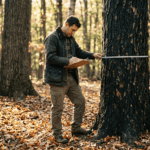 A licensed forester in field clothes using a diameter tape to measure a large black cherry tree in a mature mixed hardwood forest. He holds a clipboard with field data forms. Warm late-afternoon light filtering through the canopy. Hudson Valley New York setting, fallen leaves on the ground. Documentary photography style, no filters, natural color.