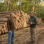 A consulting forester and a private landowner standing at a log landing in a Sullivan County New York woodland after a successful harvest. Several large log decks are visible, stacked and ready for hauling. The forester holds a clipboard with the timber sale contract and a tally sheet. Both figures look satisfied — the harvest done right. Morning light, warm earth tones, documentary photography style, no filters. The mood is completed work, well managed.