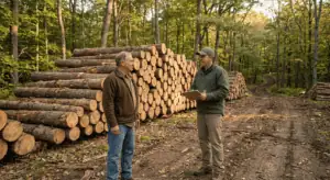 A consulting forester and a private landowner standing at a log landing in a Sullivan County New York woodland after a successful harvest. Several large log decks are visible, stacked and ready for hauling. The forester holds a clipboard with the timber sale contract and a tally sheet. Both figures look satisfied — the harvest done right. Morning light, warm earth tones, documentary photography style, no filters. The mood is completed work, well managed.