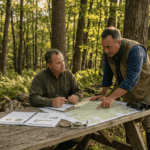 A consulting forester sits at an outdoor table at the edge of a northeastern hardwood woodlot, reviewing a completed management plan document with a private landowner. Both are in field attire. The landowner is engaged — leaning forward, pointing at something on the map. Morning light through oak and maple canopy. Sullivan County, New York. Photorealistic, wide shot, warm documentary style.