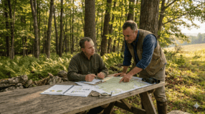 A consulting forester sits at an outdoor table at the edge of a northeastern hardwood woodlot, reviewing a completed management plan document with a private landowner. Both are in field attire. The landowner is engaged — leaning forward, pointing at something on the map. Morning light through oak and maple canopy. Sullivan County, New York. Photorealistic, wide shot, warm documentary style.