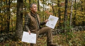 A private landowner in casual outdoor clothes standing in a mature mixed hardwood forest in Sullivan County New York, holding an open property tax bill in one hand and a forest management plan document in the other. His expression is calm and informed — someone who understands what the document in his hand is saving him. Overcast natural forest light, warm earth tones, no filters. Documentary photography style. Stone wall visible at the forest edge in the background.