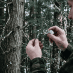 A consulting forester examining the underside of a hemlock branch close-up in a Sullivan County New York woodland, using a hand lens to inspect for white woolly HWA egg masses. The woolly masses are subtly visible on the branch. A dense mature hemlock grove is visible in the background — dark green canopy, winter light filtering through. Documentary photography style, muted earth tones, no filters. The mood is careful assessment — someone detecting a problem early enough to act.