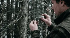 A consulting forester examining the underside of a hemlock branch close-up in a Sullivan County New York woodland, using a hand lens to inspect for white woolly HWA egg masses. The woolly masses are subtly visible on the branch. A dense mature hemlock grove is visible in the background — dark green canopy, winter light filtering through. Documentary photography style, muted earth tones, no filters. The mood is careful assessment — someone detecting a problem early enough to act.