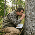 A consulting forester crouching close to an ash tree trunk in a Sullivan County New York woodland, examining the bark closely with a hand lens. D-shaped exit holes are subtly visible on the gray bark. The forester holds a field notebook. Morning forest light, muted earth tones, no filters. Documentary photography style — focused and technical. Other trees visible in the soft background, some healthy-crowned, some showing early decline.