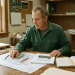 A licensed forester sitting at a wooden desk in a rural office, reviewing a large printed property map with stand boundaries marked in colored pencil. A written forest management plan document and field notebook are open beside the map. Natural window light, warm earth tones, professional but rural setting. Documentary photography style, no filters. The mood is deliberate and professional — someone working through a detailed plan.