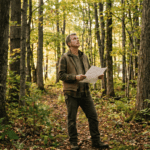 A private landowner in casual outdoor clothes standing at the center of a 40-acre mixed hardwood woodlot in Sullivan County New York — the property small enough that you can sense its scale, but clearly forested and mature. The landowner holds a sketch map and looks at the canopy with a thoughtful expression. Morning light, warm earth tones, documentary photography style, no filters. The mood is purposeful assessment — someone figuring out what they have.