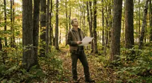 A private landowner in casual outdoor clothes standing at the center of a 40-acre mixed hardwood woodlot in Sullivan County New York — the property small enough that you can sense its scale, but clearly forested and mature. The landowner holds a sketch map and looks at the canopy with a thoughtful expression. Morning light, warm earth tones, documentary photography style, no filters. The mood is purposeful assessment — someone figuring out what they have.