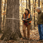 A consulting forester and a private landowner walking together through a mature mixed hardwood forest in Sullivan County New York during a field inventory. The forester holds a diameter tape around a large oak tree and records data in a field tally book. The landowner stands nearby watching and listening. Morning light through the canopy, leaf litter on the ground. Documentary photography style, warm earth tones, no filters. Both figures are engaged — working together, not posed.