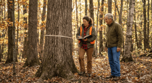 A consulting forester and a private landowner walking together through a mature mixed hardwood forest in Sullivan County New York during a field inventory. The forester holds a diameter tape around a large oak tree and records data in a field tally book. The landowner stands nearby watching and listening. Morning light through the canopy, leaf litter on the ground. Documentary photography style, warm earth tones, no filters. Both figures are engaged — working together, not posed.